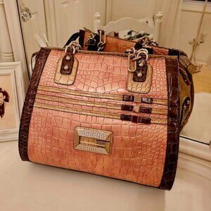 GUESS Purse Bag Ballet Boudoir Satine Pink Tan Brown Bling Bow Large